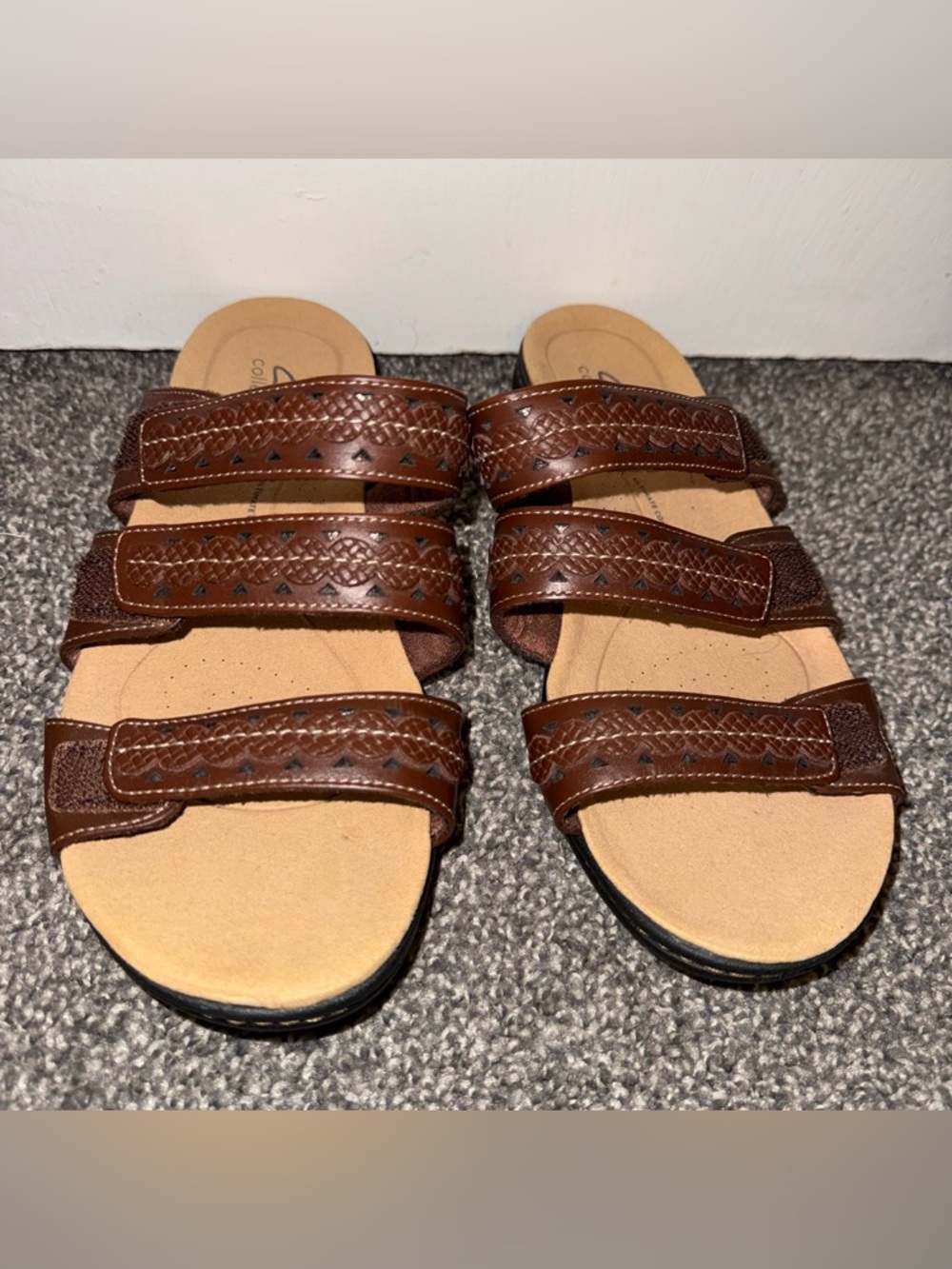 Clarks Collection Leather Slide Sandals Laurieann Cove Dark Tan Sz 9 Comfort - Picture 3 of 9